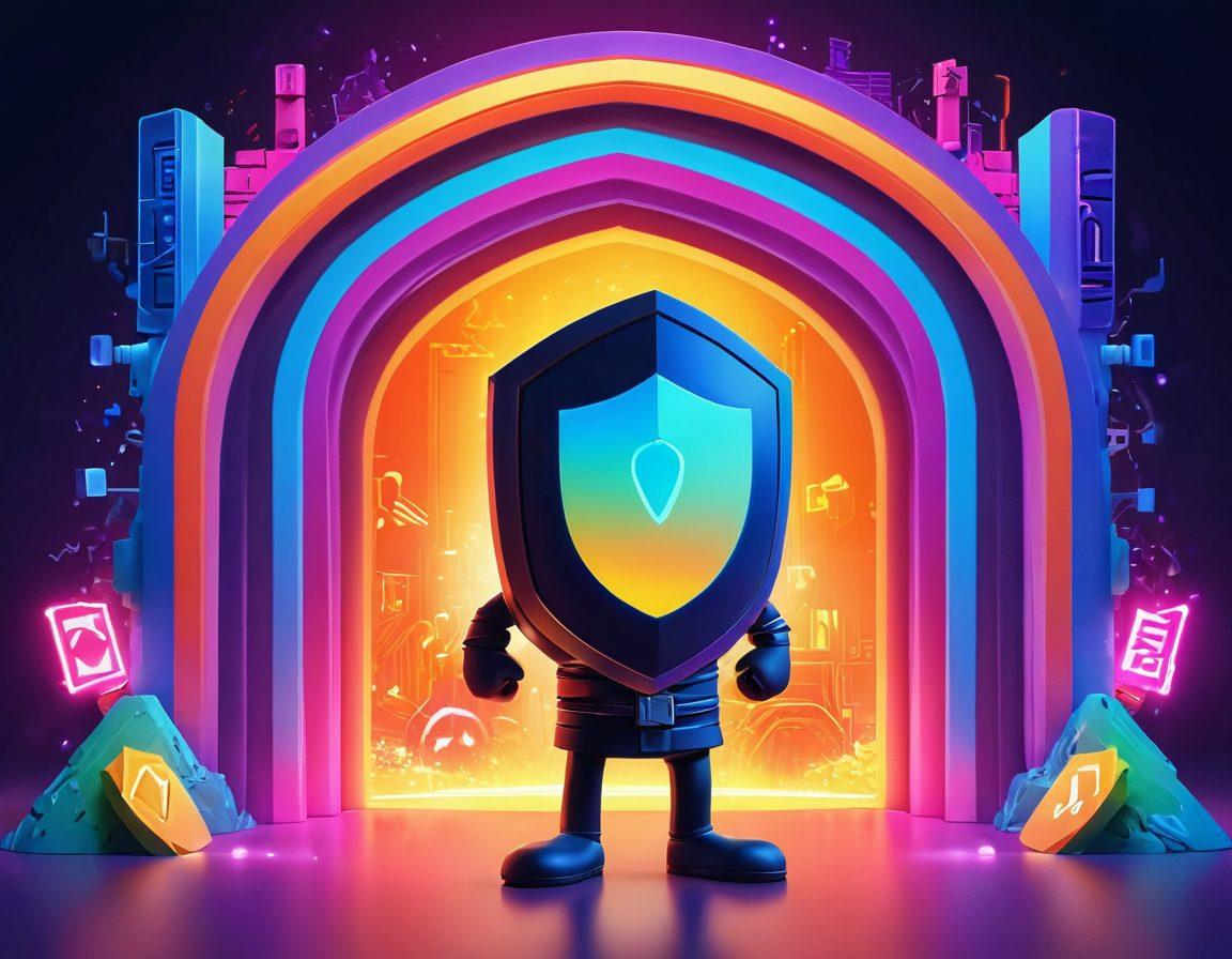 A whimsical digital scene featuring a cheerful character shielded by a glowing firewall, surrounded by colorful locks and shields that symbolize web security. In the background, a vibrant digital landscape with glowing code and playful elements representing XSS vulnerabilities. The character is engaging in a joyful pose, radiating positivity and confidence in online safety. super-realistic. bright colors. 3D.