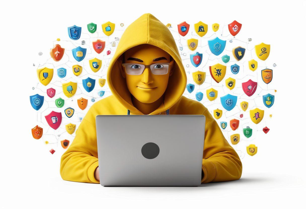 A cheerful character wearing a bright yellow hoodie while using a laptop, surrounded by colorful shields that represent web security, with playful icons of locks and XSS symbols floating around. The background features a sunny landscape, symbolizing optimism and security in the digital world. super-realistic. vibrant colors. white background.