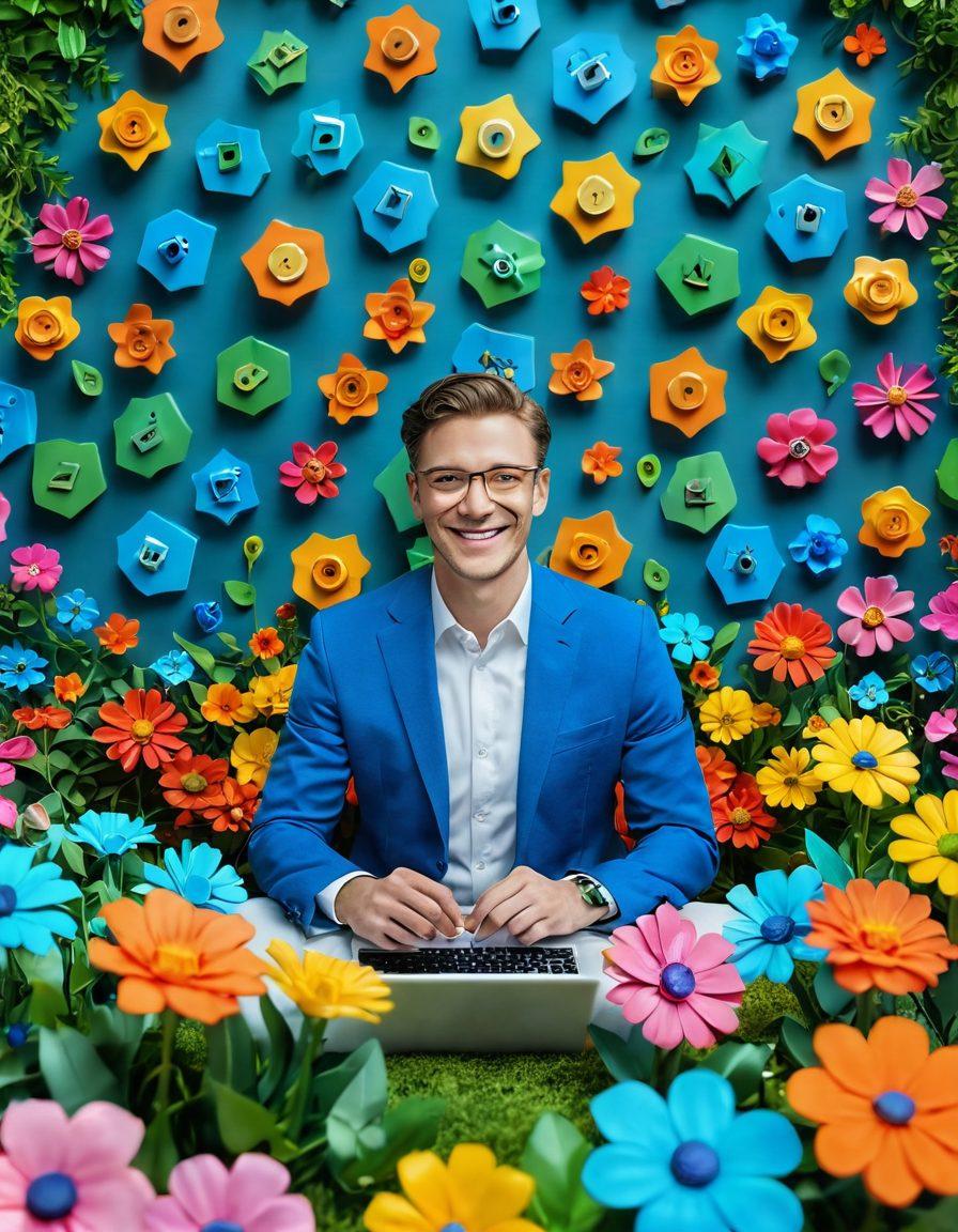 A whimsical scene showing a cheerful cybersecurity expert surrounded by colorful locks and shields, with a vibrant digital garden of blooming flowers made of code. The expert is smiling while planting each flower, symbolizing joy in digital safety. Bright blues and greens dominate the background, emphasizing a positive atmosphere. 3D illustration. vibrant colors.